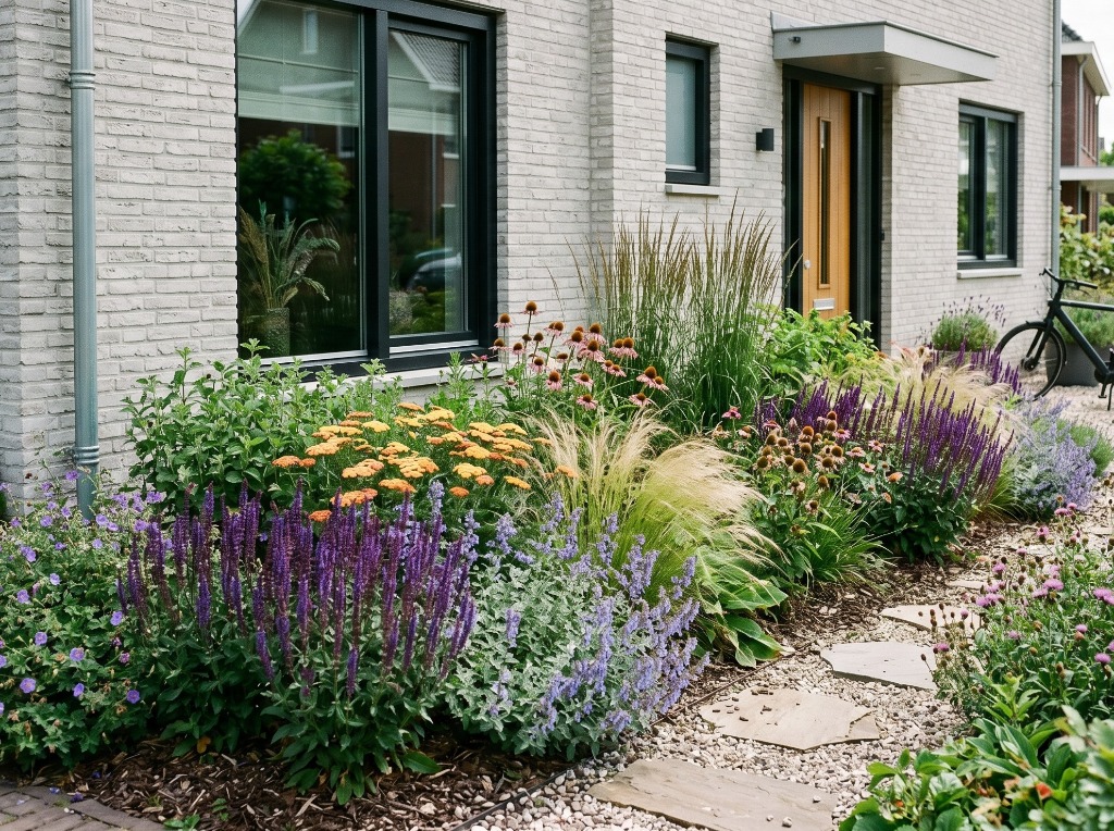 Weelderige plantenborder in een voortuin met bloeiende vaste planten en siergrassen