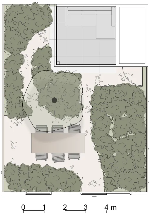 Tuinontwerp versie 2 met extra pad naar de schuur