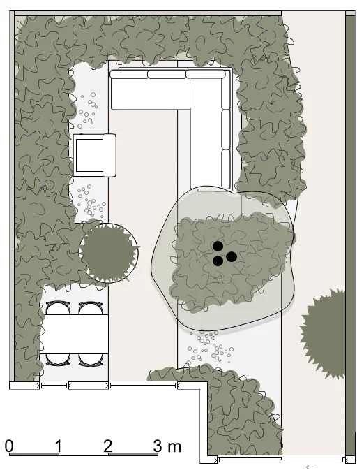 Tuinontwerp versie 3 met afwisseling tussen een open eetterras en een besloten loungeterras