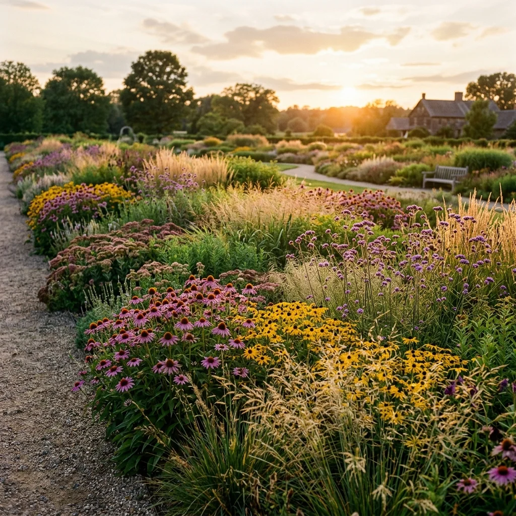 Grote prairiebeplanting in Piet Oudolf stijl in de nazomer tijdens golden hour