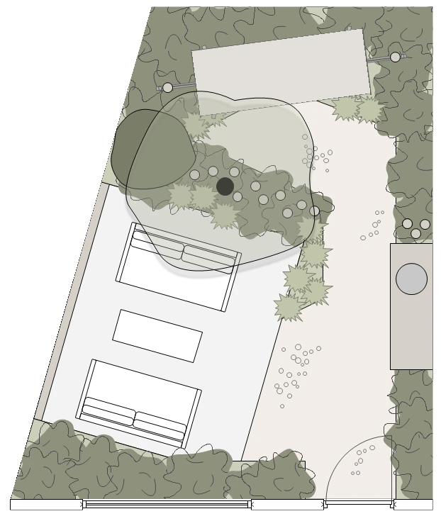 Indeling van een kleine achtertuin van 37 m2 met ruim terras, buitenkeuken en beschutte zithoek