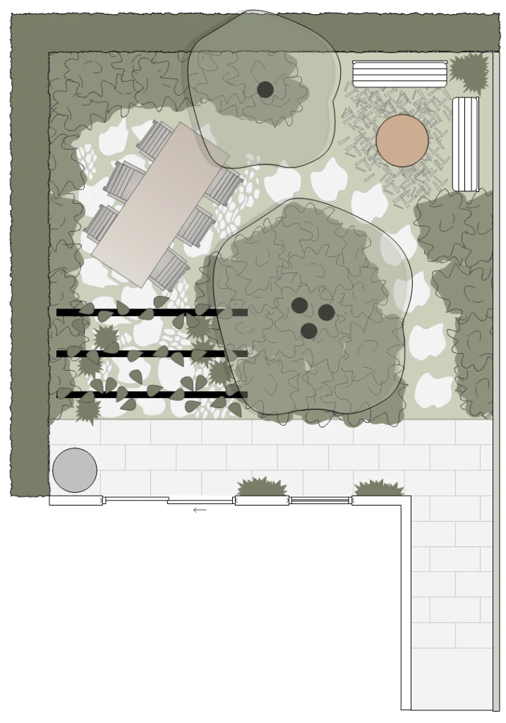 Klimaatbestendig tuinontwerp voor een kleine tuin van 49 m2 met grasdallen, waterdoorlatende stapstenen en borders