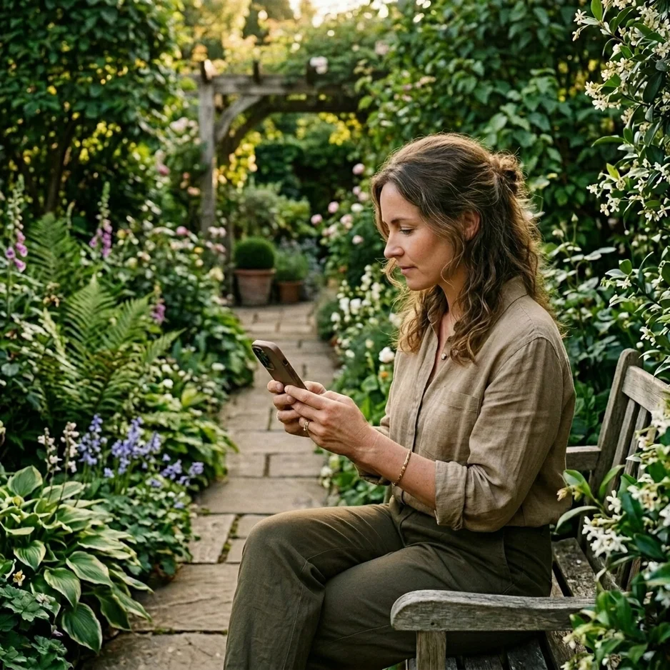 Vrouw die comfortabel de online tuinscan van Studio FERM doet
