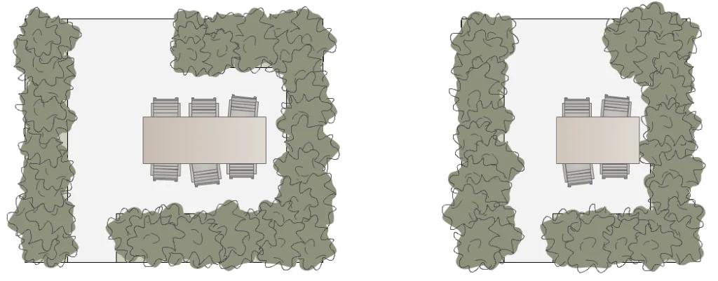 Vergelijking van terrasafmetingen in een tuinontwerp: links 3 bij 3,5 meter en rechts 2 bij 3 meter