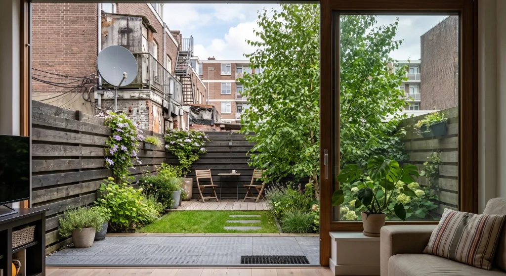 Stadstuin met direct zicht op een storende stenen achterwand